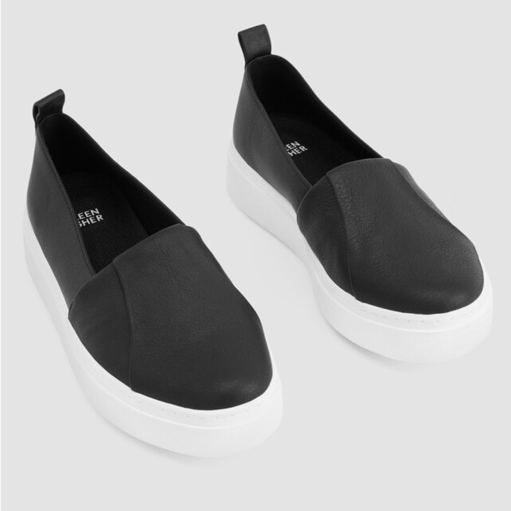 Eileen Fisher Perks Leather Black Slip-On Platform Sneakers - Picture 5 of 6